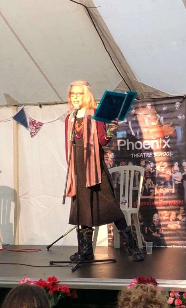 Julie Walker reading her poetry at the 2019 Bish Bash music festival in Stortford