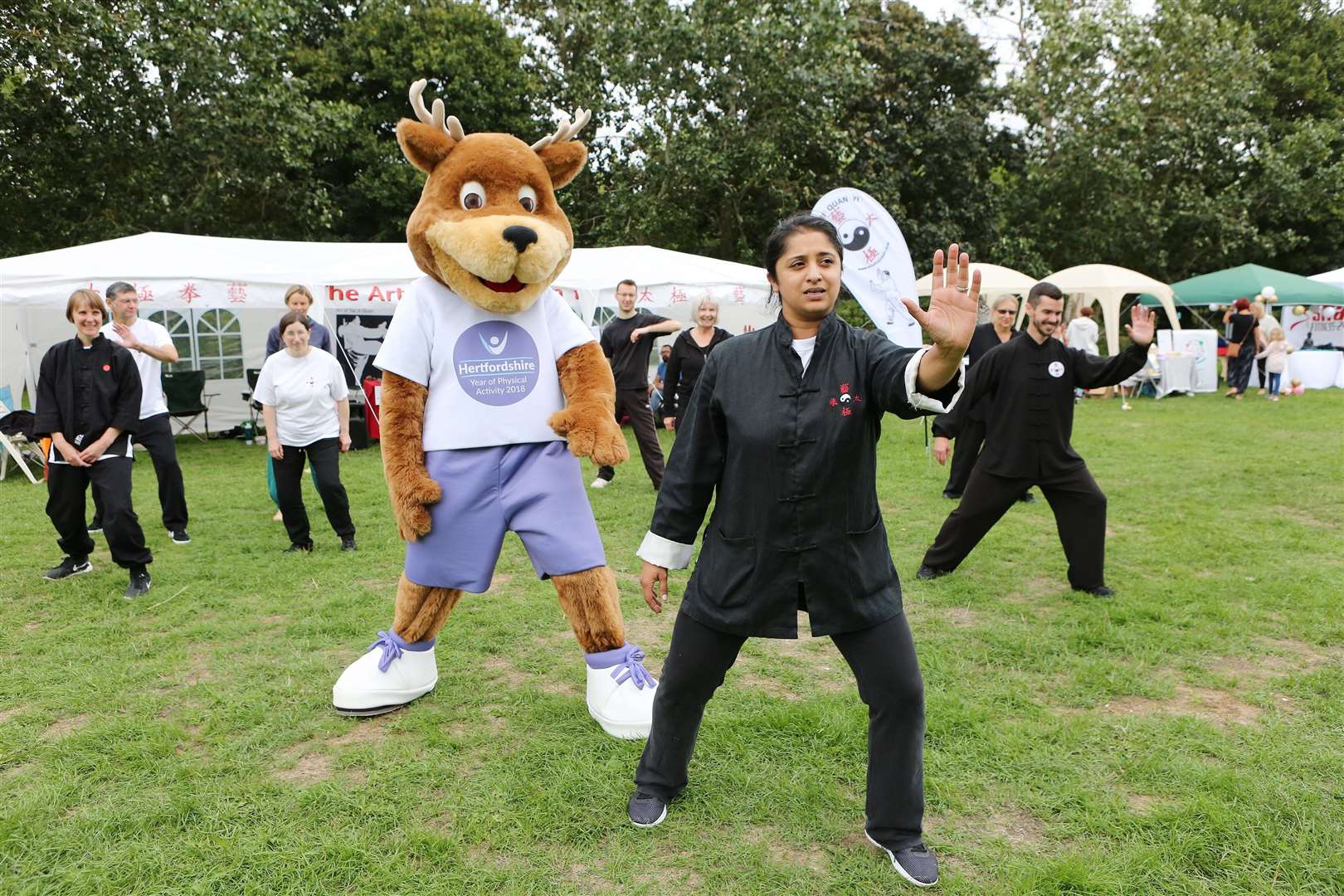 Goodness In The Park, Castle Park, Bishops Stortford. YOPA the Stag (event mascot) learning Tai Chi with Senior Instructor Vindy Hutchings of The Art of Tai Ji Quan.. (36522686)